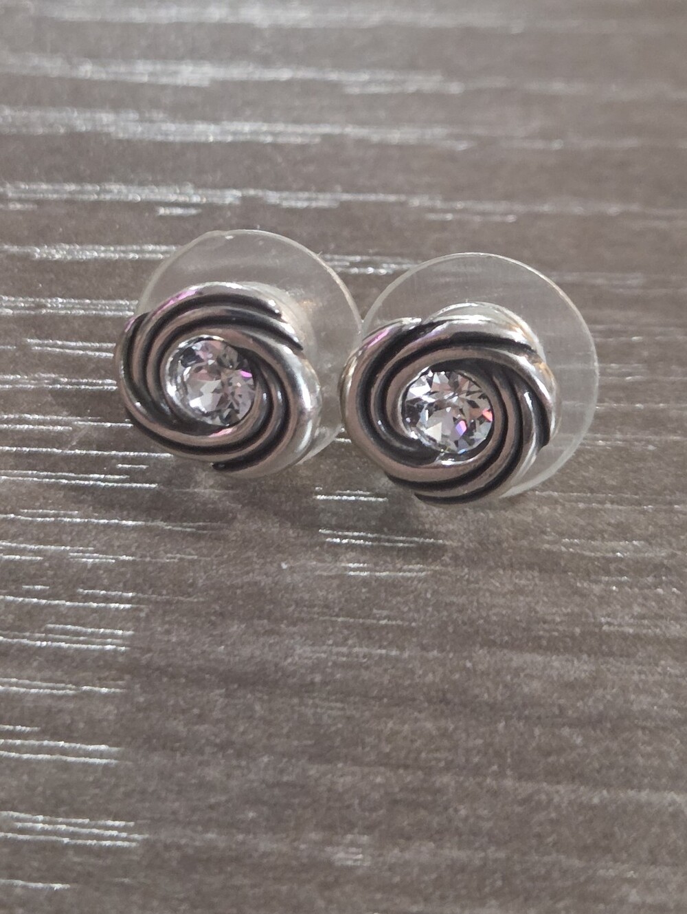 Vintage Silver Tone Swirl Rhinestone Stud Earrings Clear Crystal